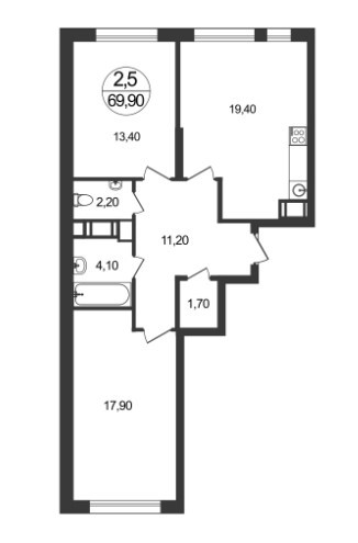 Двухкомнатная квартира 69.9 м²
