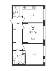 Двухкомнатная квартира 54.7 м²