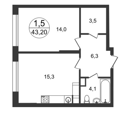 Однокомнатная квартира 43.2 м²