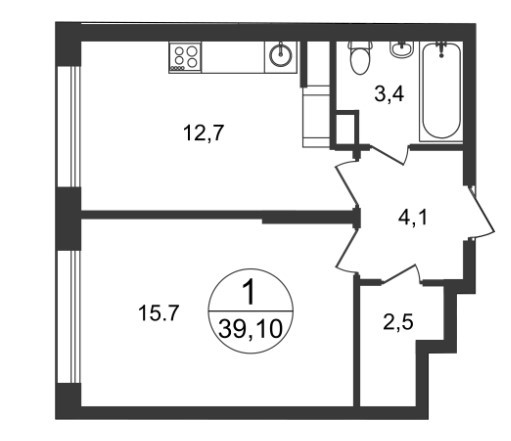 Однокомнатная квартира 39.1 м²