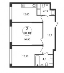 Двухкомнатная квартира 60.1 м²