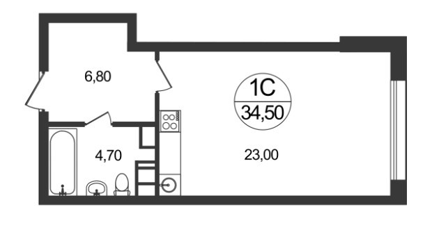Студия 34.5 м²