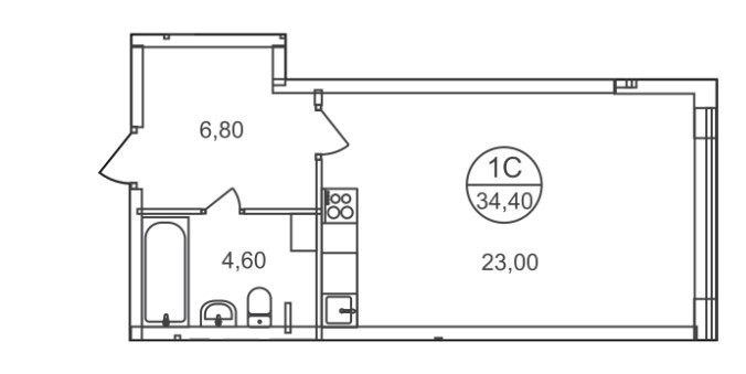 Студия 34.4 м²