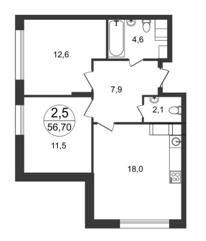 Двухкомнатная квартира 56.7 м²