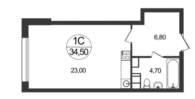Студия 34.5 м²
