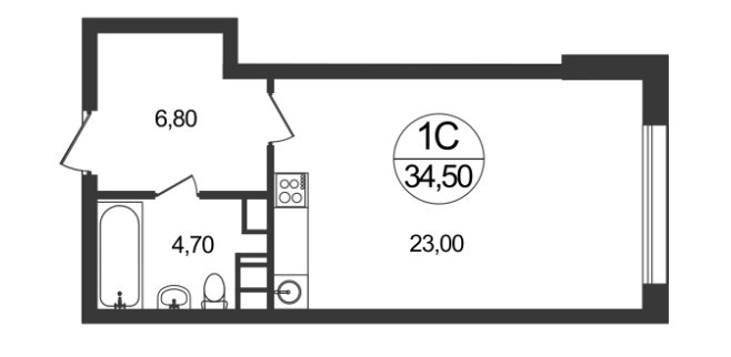 Студия 34.5 м²