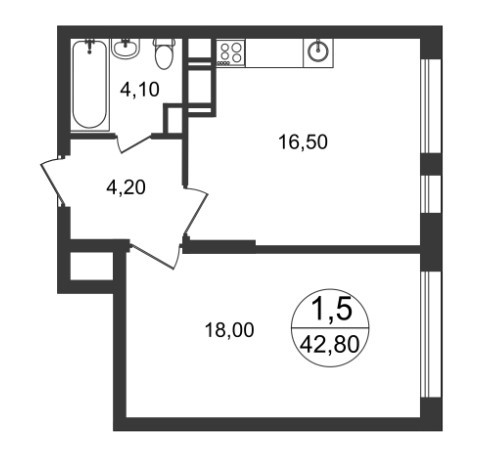 Однокомнатная квартира 42.8 м²