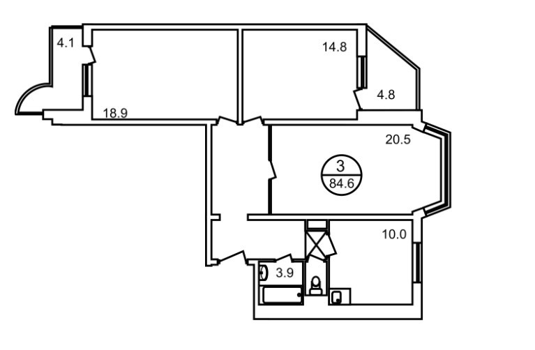 Трёхкомнатная квартира 84.6 м²