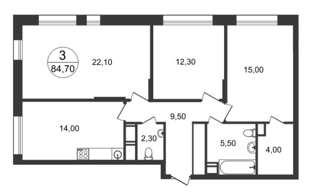 Трёхкомнатная квартира 84.7 м²
