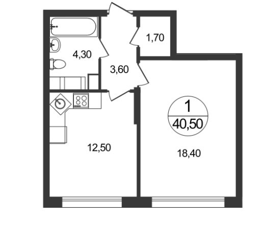 Однокомнатная квартира 40.5 м²