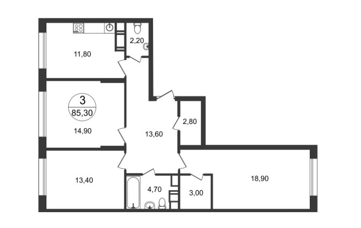 Трёхкомнатная квартира 85.3 м²