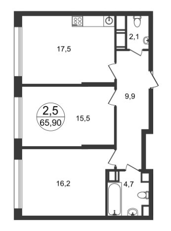 Двухкомнатная квартира 65.9 м²