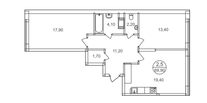 Двухкомнатная квартира 69.9 м²