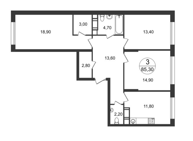 Трёхкомнатная квартира 85.3 м²