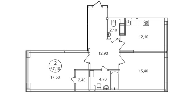Двухкомнатная квартира 67.1 м²