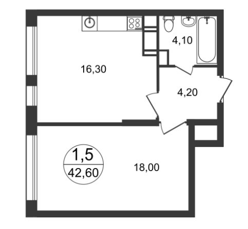 Однокомнатная квартира 42.6 м²