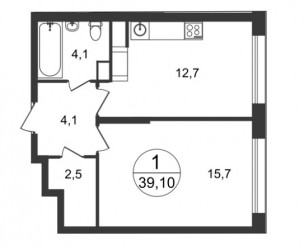 Однокомнатная квартира 39.1 м²