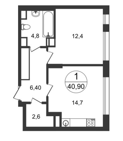 Однокомнатная квартира 40.9 м²